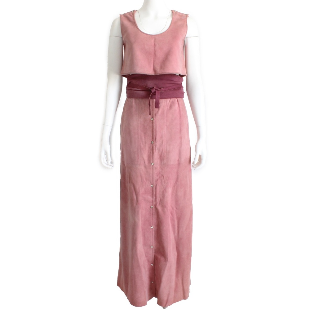 Bonnie Cashin Crop Top, Maxi Skirt + Obi Belt 3pc Set Pink Suede 1970s